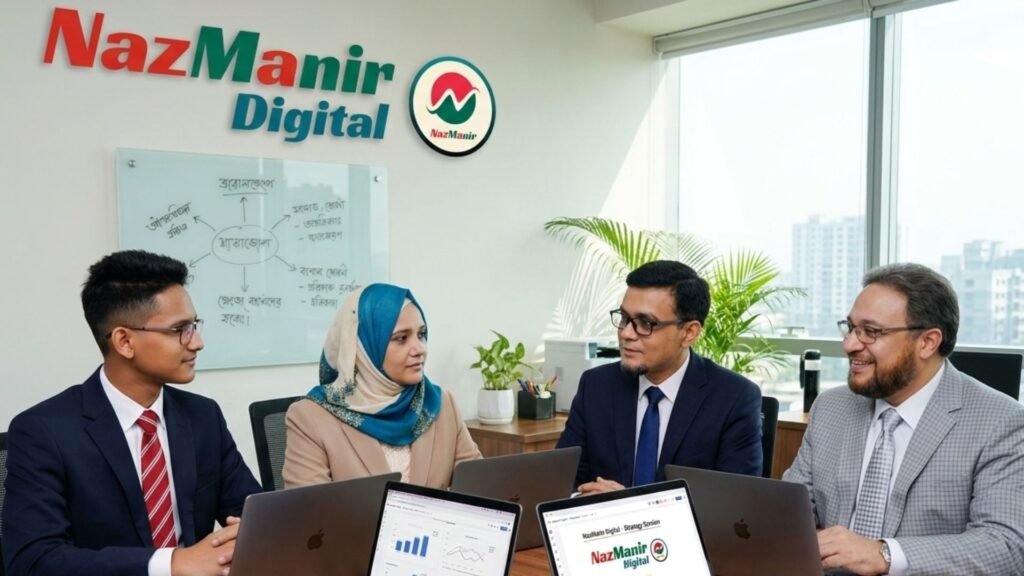 NazManir Digital team members Tamim, Nazma Akter, Maniruzzaman and Sohrab in a professional office meeting