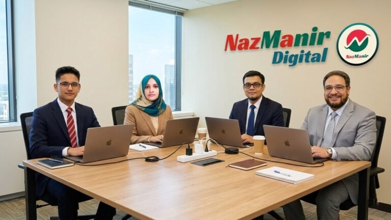 NazManir Digital team members Tamim, Nazma Akter, Maniruzzaman and Sohrab in a professional office meeting