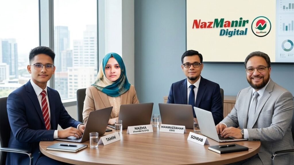 NazManir Digital team members Tamim, Nazma Akter, Maniruzzaman and Sohrab in a professional office meeting
