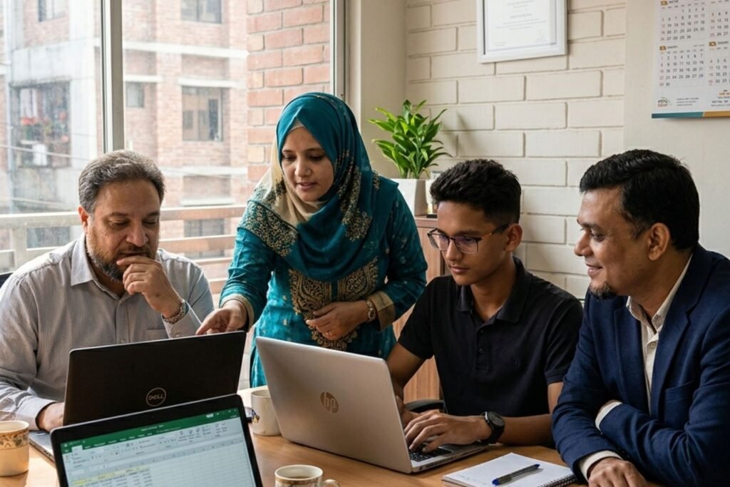NazManir Digital team members Tamim, Nazma Akter, Maniruzzaman and Sohrab in a professional office meeting