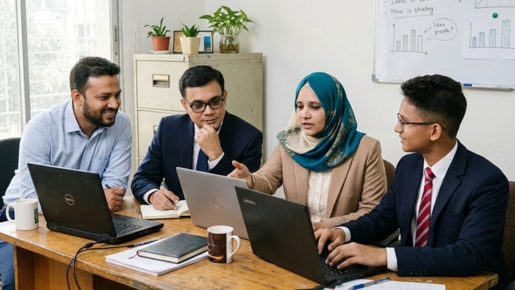 NazManir Digital team members Tamim, Nazma Akter, Maniruzzaman and Sohrab in a professional office meeting