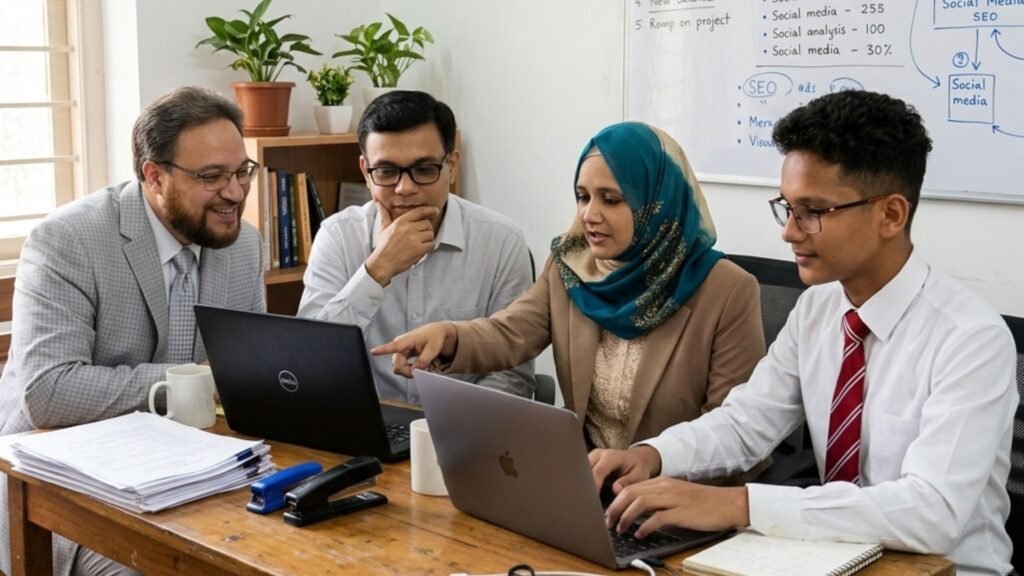 NazManir Digital team members Tamim, Nazma Akter, Maniruzzaman and Sohrab in a professional office meeting