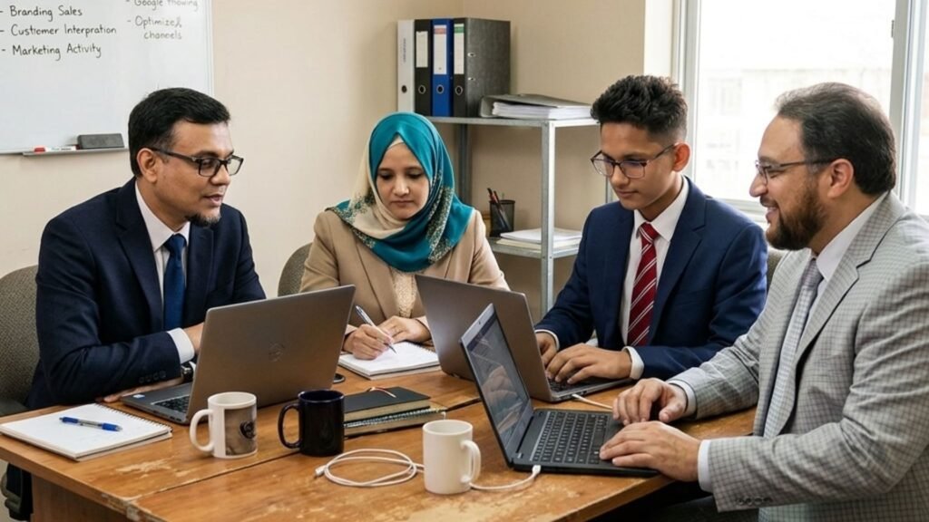 NazManir Digital team members Tamim, Nazma Akter, Maniruzzaman and Sohrab in a professional office meeting