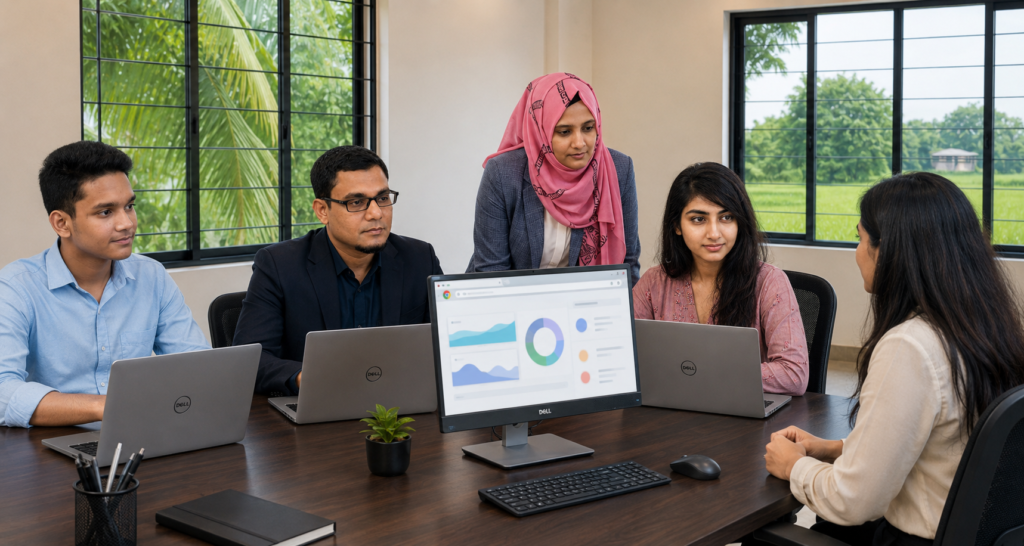 A modern NazManir Digital agency office in a rural setting where three staff are working on laptops with an all-in-one computer, while two female clients visit in a collaborative workspace with a natural outdoor view.
