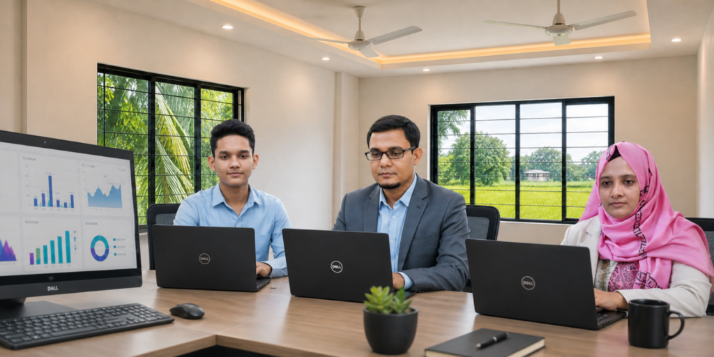 NazManir Digital team working in a office with Dell laptops and analytics dashboard.