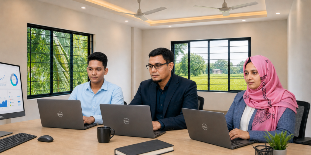 Three team members working inside the NazManir Digital agency office with laptops and an all-in-one PC in a rural setting, showing the same workspace on a different day with varied attire and two windows revealing a natural view.