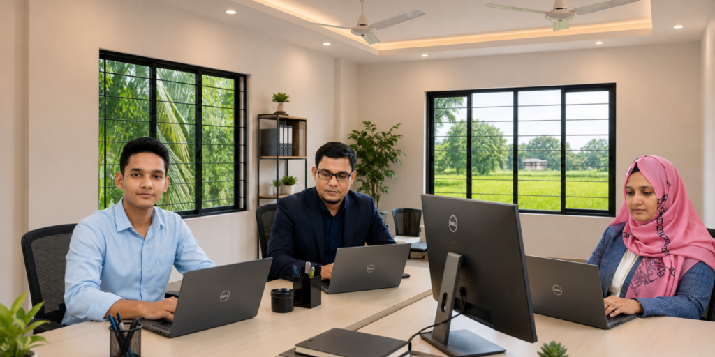 Three staff members working on laptops and an all-in-one computer inside the NazManir Digital agency office in a rural setting, captured on another day in the same workspace, with two windows showing a natural outdoor view.