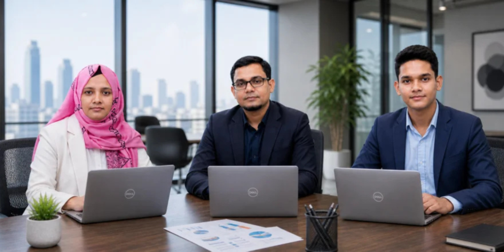 Three members of NazManir Digital team posing together during a break at a workshop in Dhaka, later enhanced with AI editing for improved clarity and presentation.