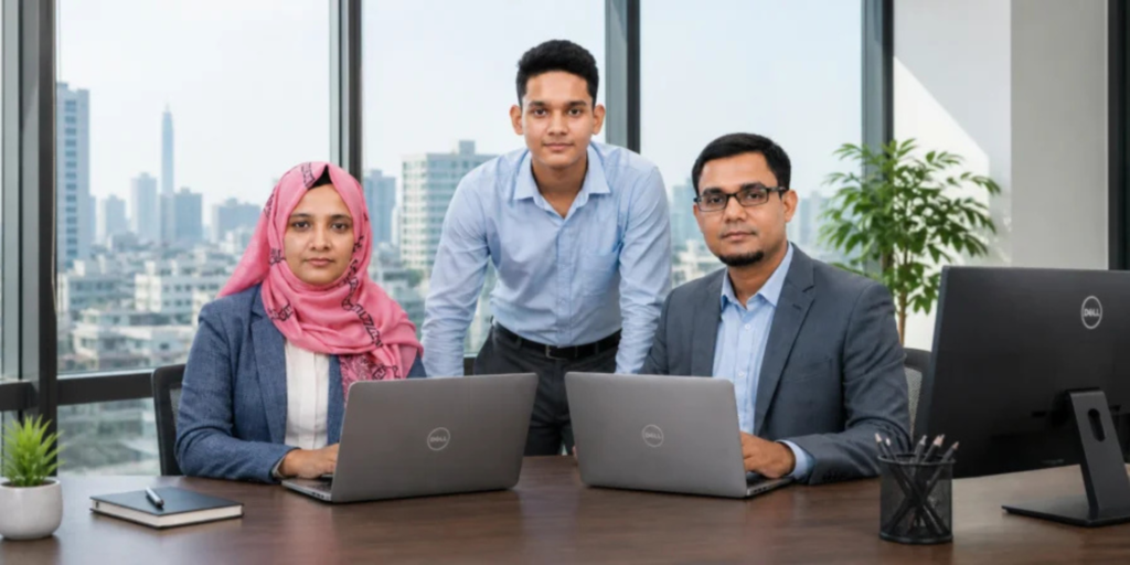 Team members of NazManir Digital attending a professional workshop in a corporate office environment in Dhaka, representing a results-driven digital marketing agency.