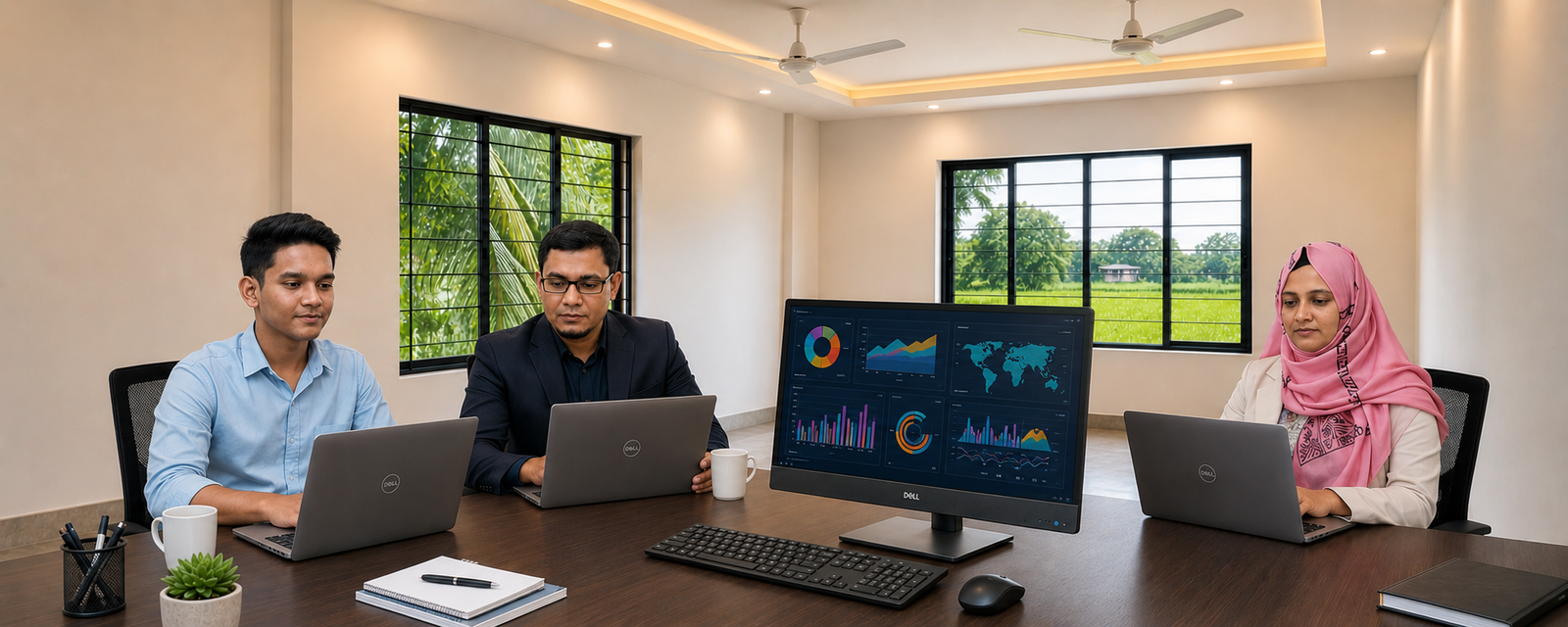 Three staff members working on laptops and an all-in-one computer inside the NazManir Digital agency office in a rural setting, captured on a different day with the same workspace and updated attire, with two windows showing a natural outdoor view.