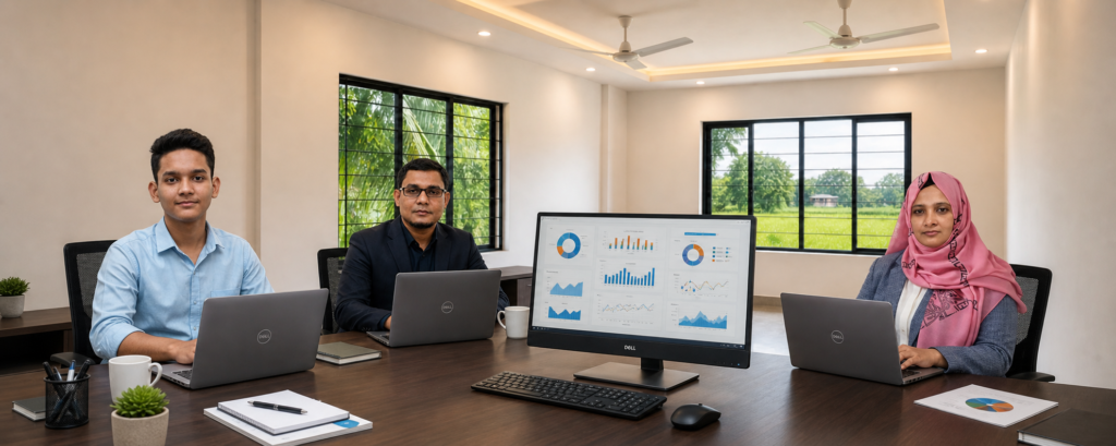 Three staff members working on laptops and an all-in-one computer inside the NazManir Digital agency office located in a rural setting, with a beautiful natural view visible through the window.