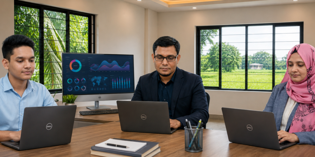 NazManir Digital team working in a modern office using Dell laptops and analytics dashboards.