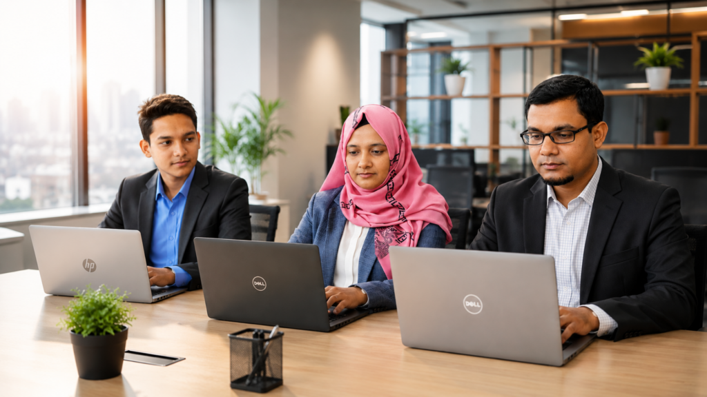 NazManir Digital team working together on laptops in a modern professional office
