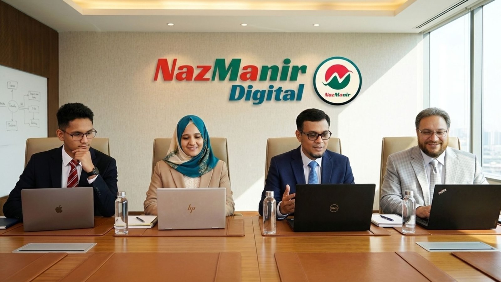 NazManir Digital team members Tamim, Nazma Akter, Maniruzzaman and Sohrab in a professional office meeting